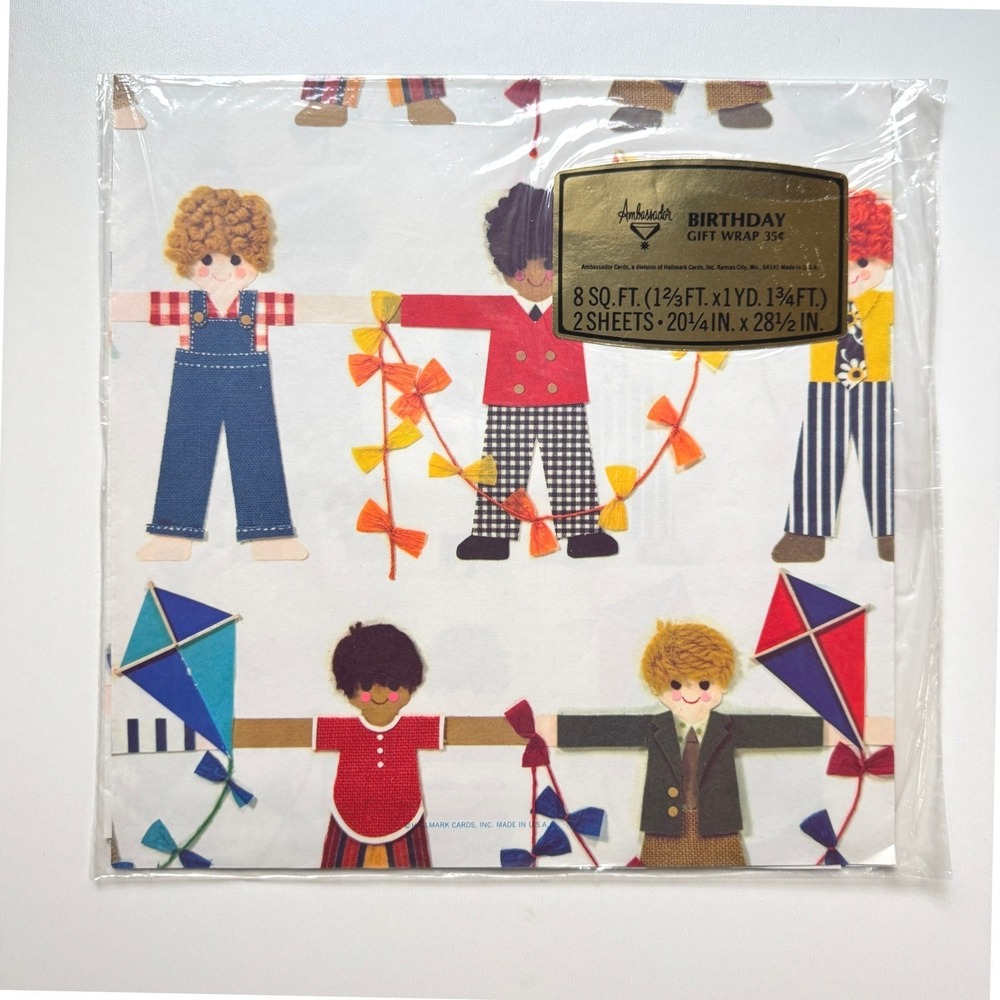 Vintage NIP Ambassador Hallmark Birthday Gift Wrap Sheets Paper Dolls Kids Kites
